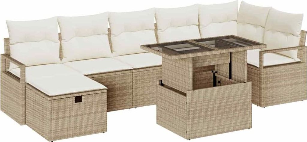 vidaXL Garten-Sofa-Set mit Kissen mit Speicher 8 pcs Beige Poly Rattan