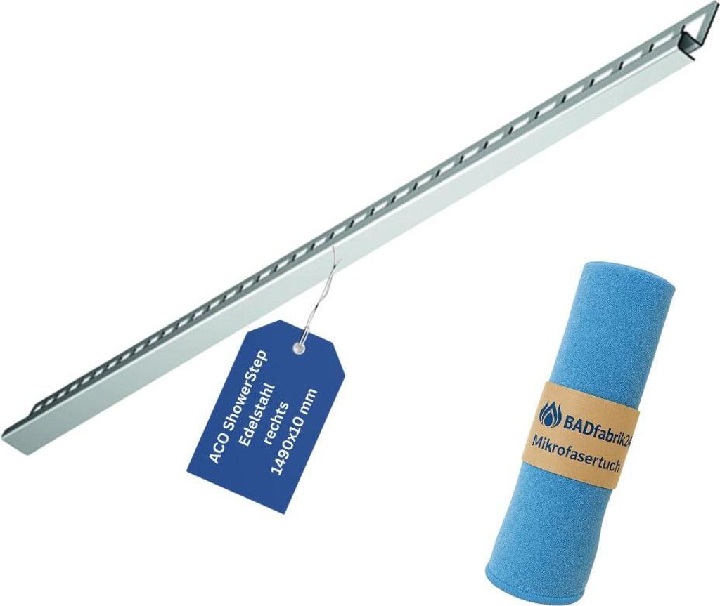 BADfabrik24 ACO ShowerStep Edelstahl rechts 1490x10mm, geschliffen, elektropoliert + Mikrofasertuch