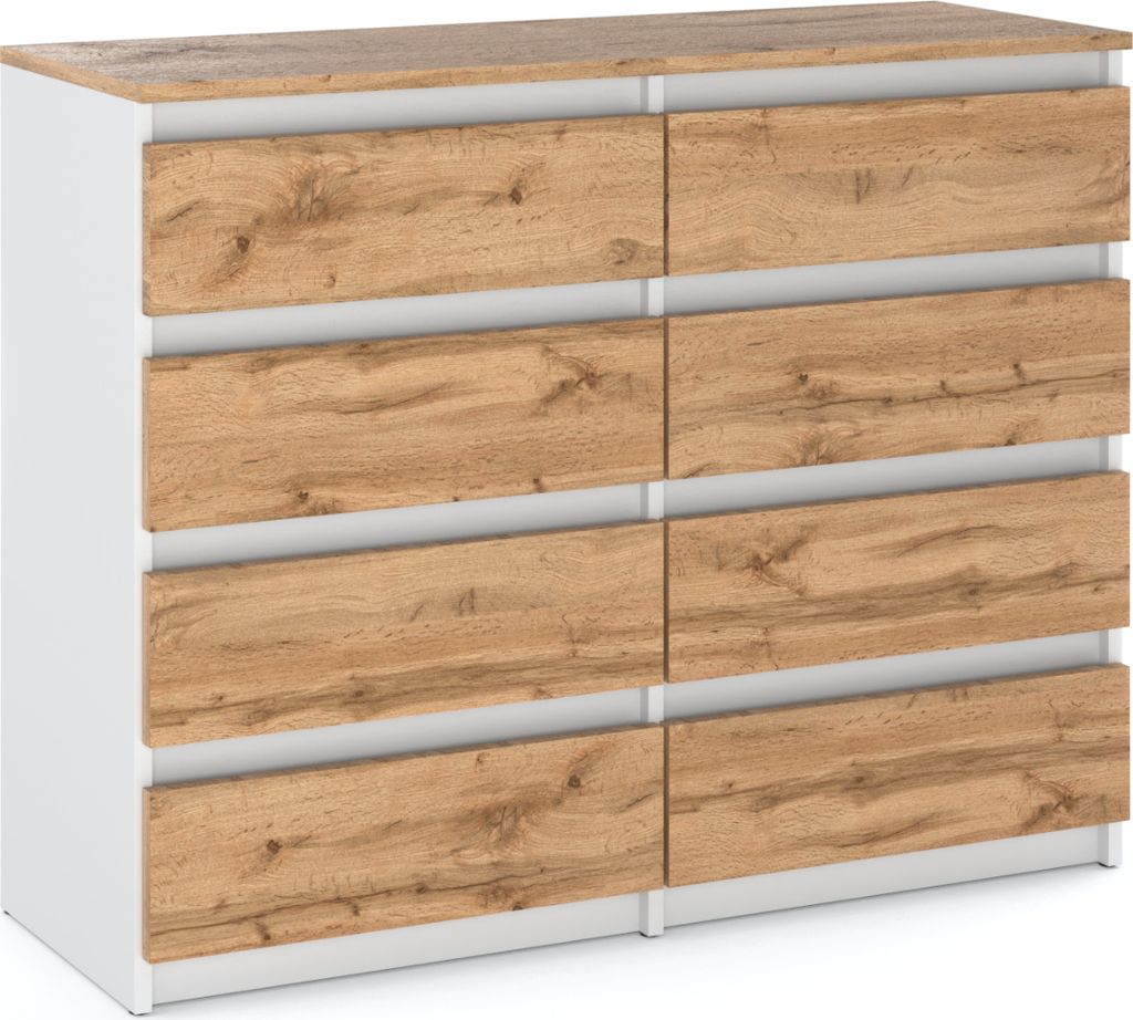 MRBLS_HOME Kommode mit 8 Schubladen Weiß Glanz / Wotan Eiche 120x33,5x92,5 Sideboard Schubladenschrank für Wohnzimmer Schlafzimmer Stauraum Möbel