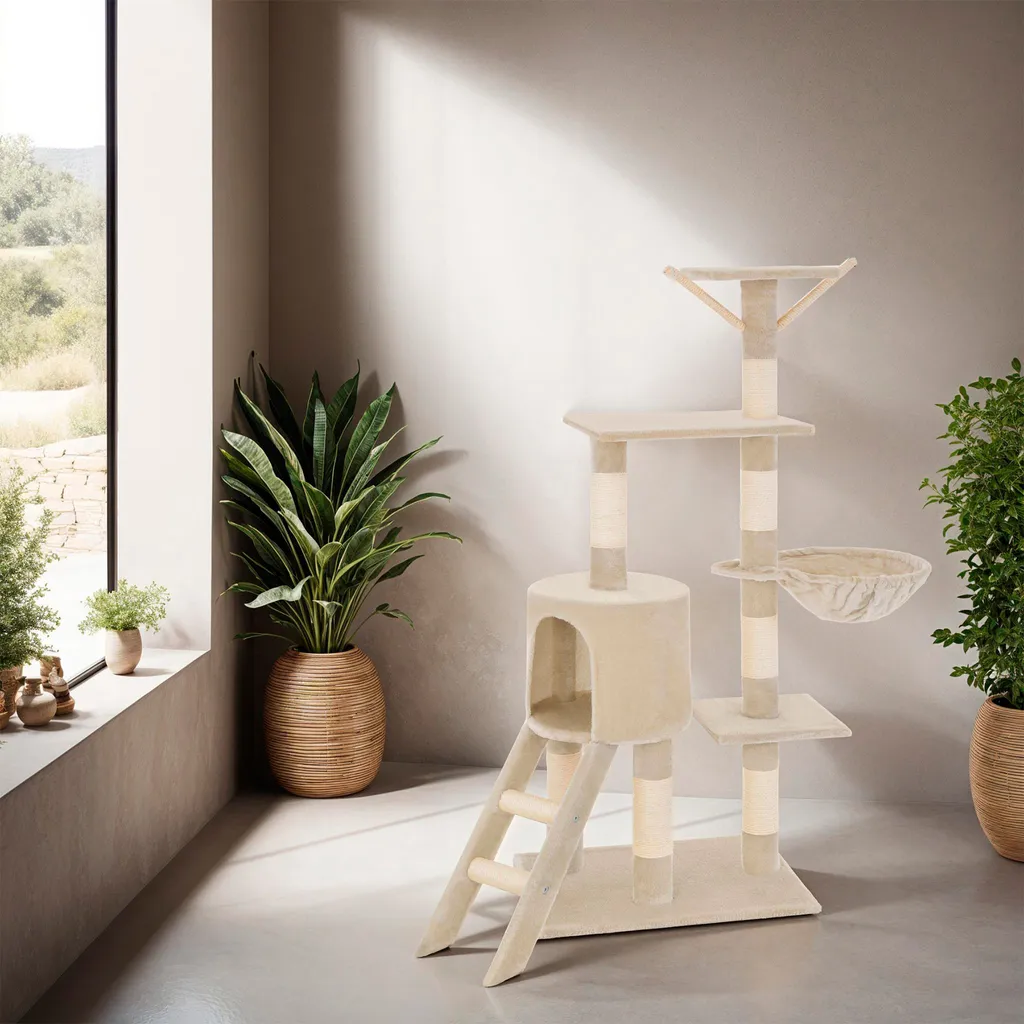 Arbre à chat DOMINIQUE 142 cm beige - Structure stable multi-niveaux - 9