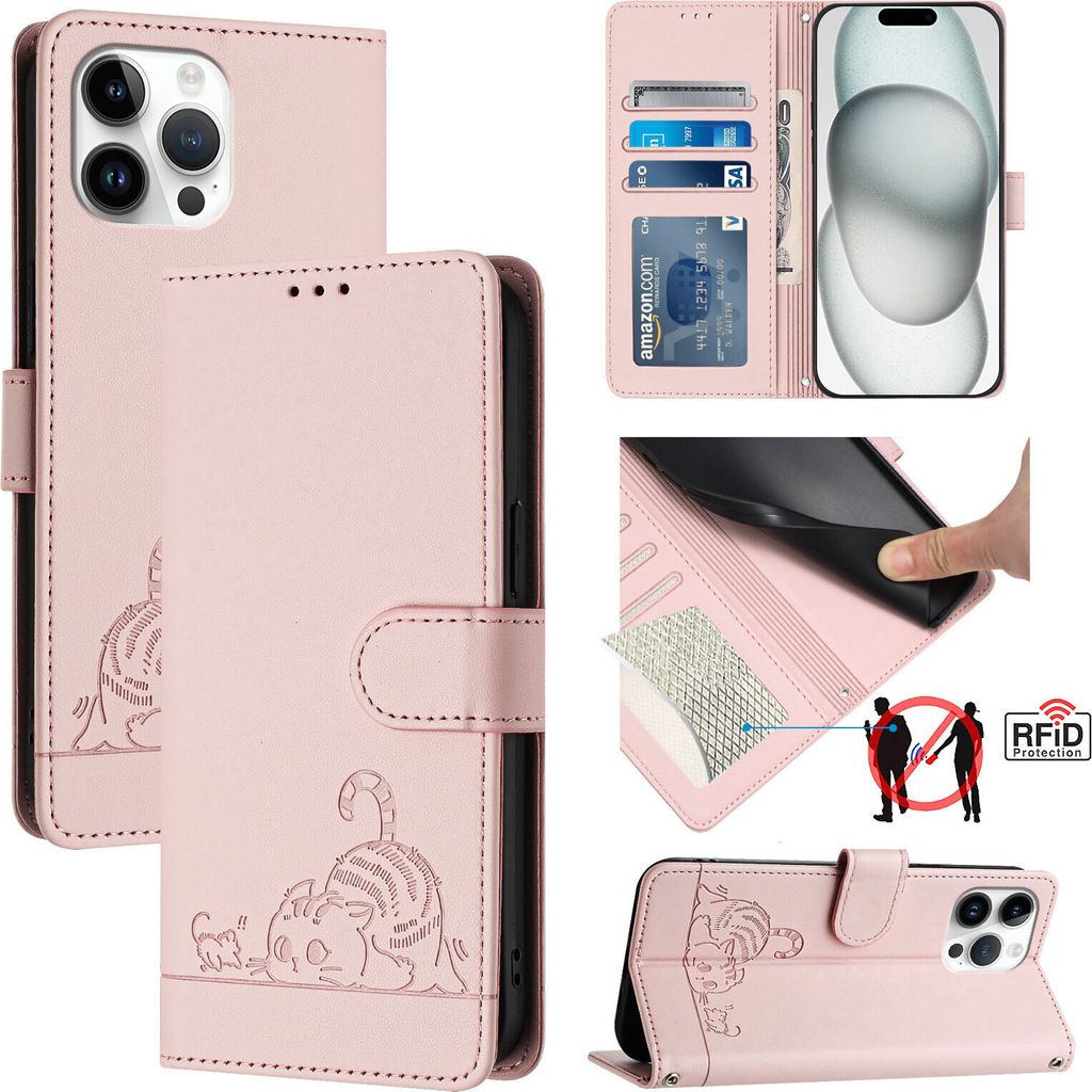 Leder Hülle für iPhone 13 Pro Max Süße Katze Flip Case Brieftasche Schutzhülle mit Standfunktion Pink