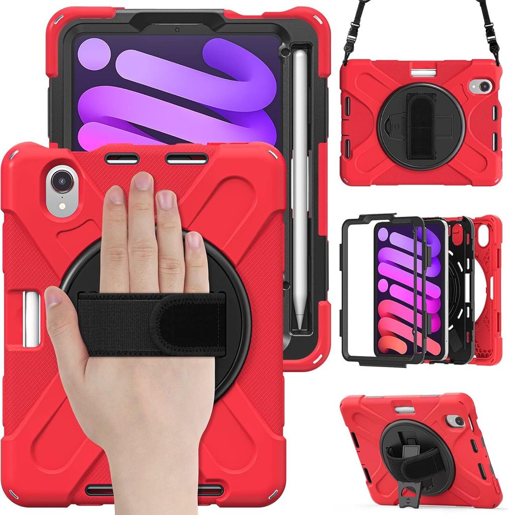 Tasche für iPad Mini 6 8.3" mit Ständer und Schultergurt Rot