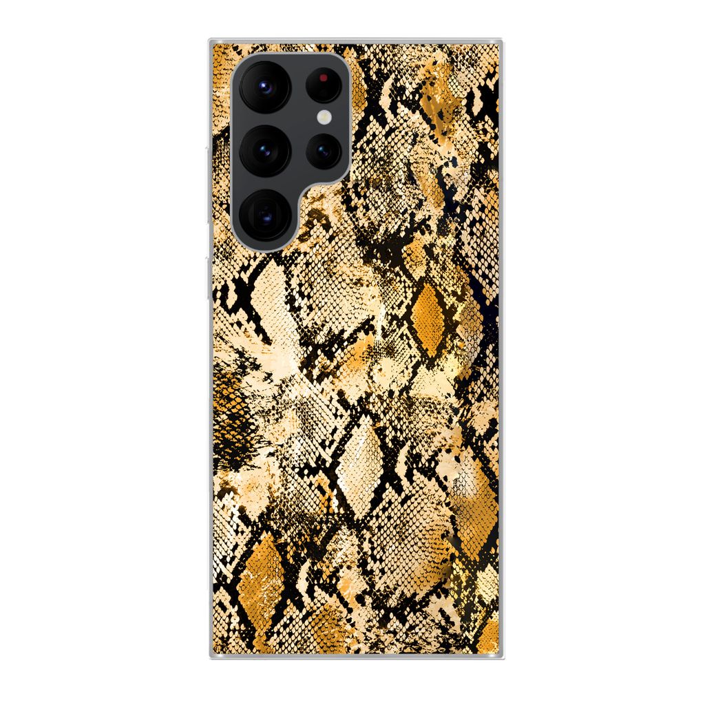 MuchoWow Handyhülle Schutzhülle Hülle für Samsung Galaxy S22 Ultra Tiermuster - Schlange - Gold - Schwarz Silikon Softcase Handy Hülle - Abb...