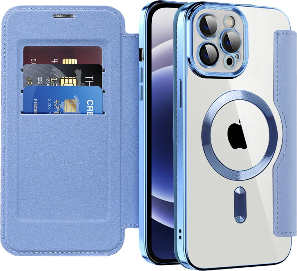 Custodia per iPhone 12 compatibile con MagSafe, custodia trasparente con portacarte, custodia in pelle con protezione della fotocamera Azzurro