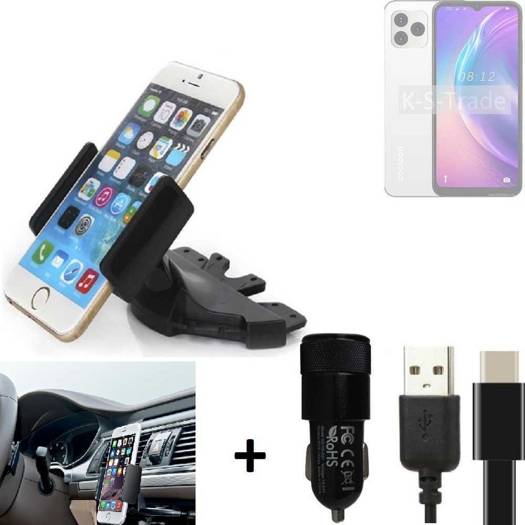 K-S-Trade CD Schlitz Handy-Halterung kompatibel mit Coolpad CP12 Autohalterung KFZ-Halter Radio Handy Halterung 360° drehbar CD-Schacht inkl. USB-C