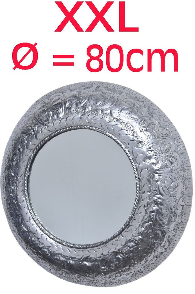 Spiegel Wandspiegel Baltic XXL rund Silber ø 80cm groß | Großer Marokkanischer Flurspiegel Modern Design mit Rahmen | Runder Vintage Badspiegel ...