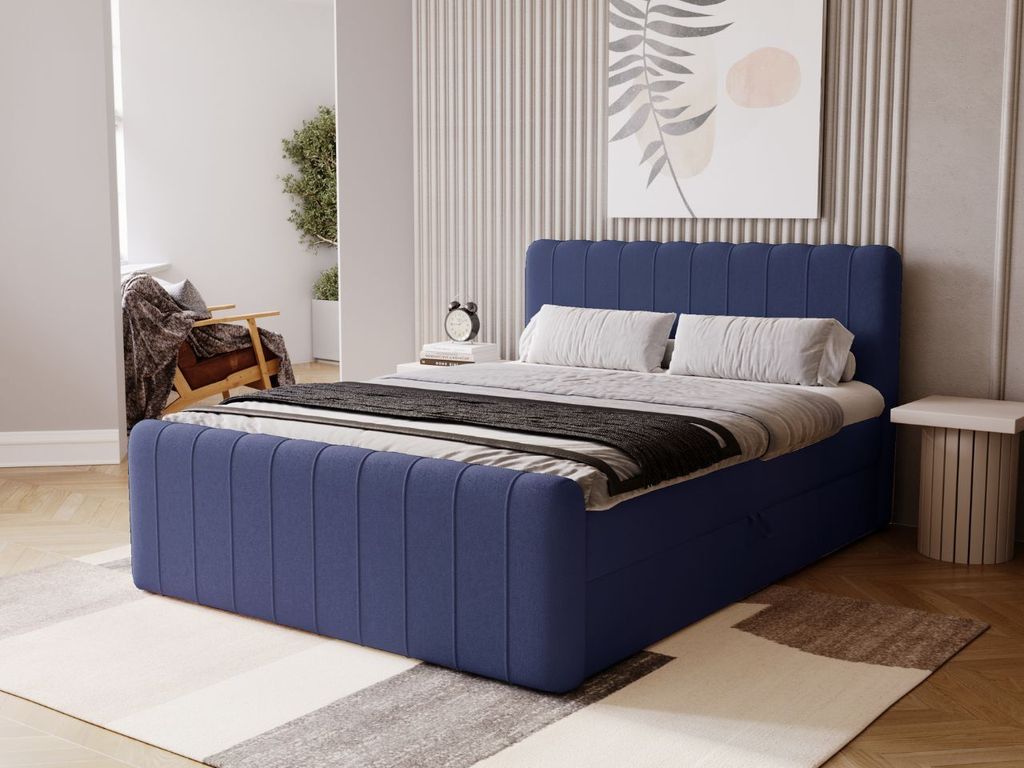 GrainGold Boxspringbett Osteno 140x200 - Bett mit Matratze und Topper - Boxspringbett mit Bettkasten und Matratze - Boxspringbett - Dunkelblau (Kom...