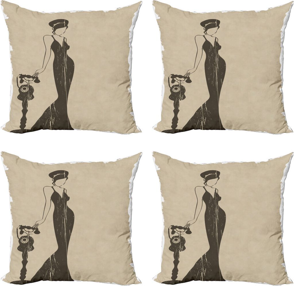 ABAKUHAUS Weinlese-Frau Kissenbezug Set (4 Stück), Weiblich Modell Anruf, Moderner Doppelseitiger Digitaldruck, 60 cm x 60 cm, Beige und Dunkel Taupe