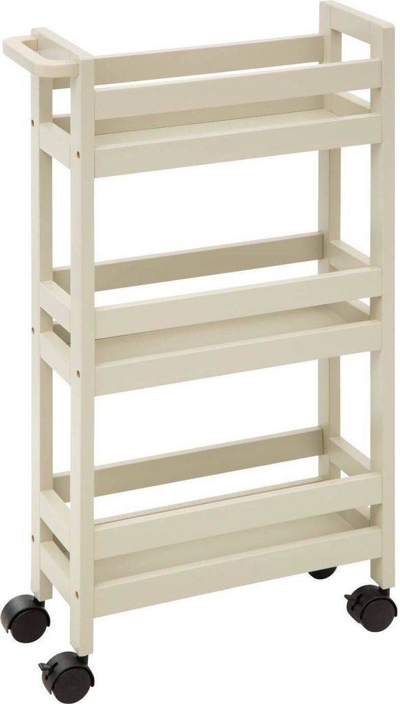 A white wooden serving cart with three shelves and wheels.