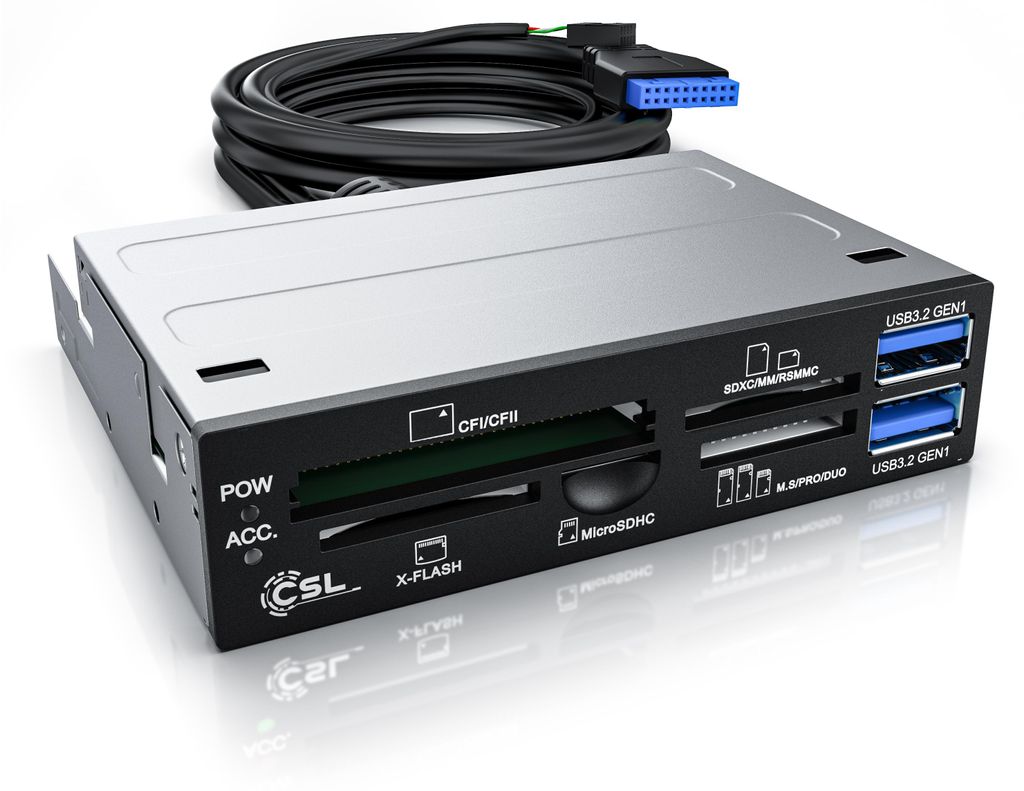 A front panel card reader with USB ports and various card slots, connected to a cable, is shown against a white background.