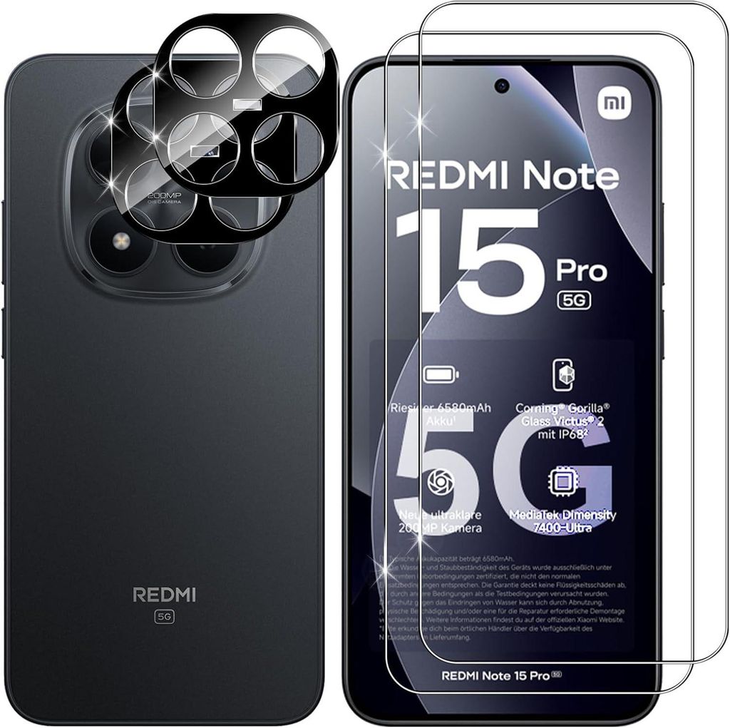 CLM-Tech 4er Set Schutzfolie kompatibel mit Xiaomi Redmi Note 15 Pro 5G 6,83 Zoll - 2X Panzerfolie + 2X Kameraschutz Kameraglas Panzerglas Displays...