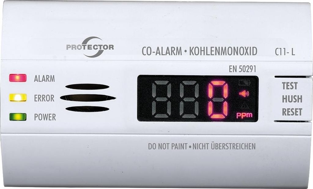 A white carbon monoxide detector with a digital display and indicator lights.