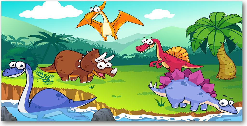 Tulup Glas-Bild - 100x50 -Wandkunst - Wandbild hinter gehärtetem Sicherheitsglas - Kinderzimmer - Dinosaurier - Mehrfarbig