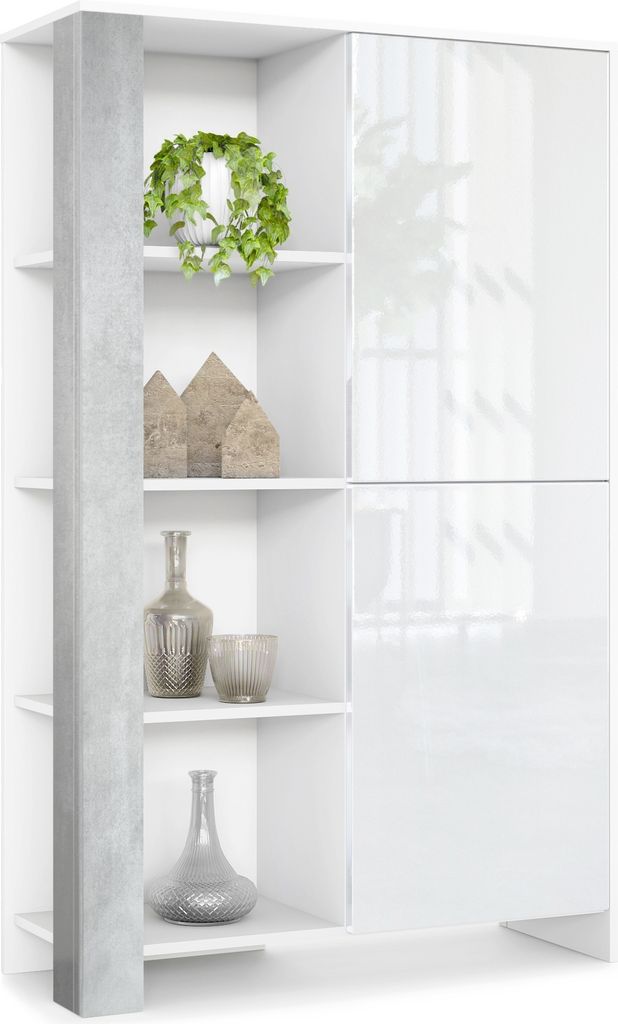 Vladon Highboard Canto, Germany, hoher Schrank mit 2 Türen und 8 Fächern, Korpus Weiß matt, Fronten Weiß Hochglanz, Nachbildung-Paneele Beton O...