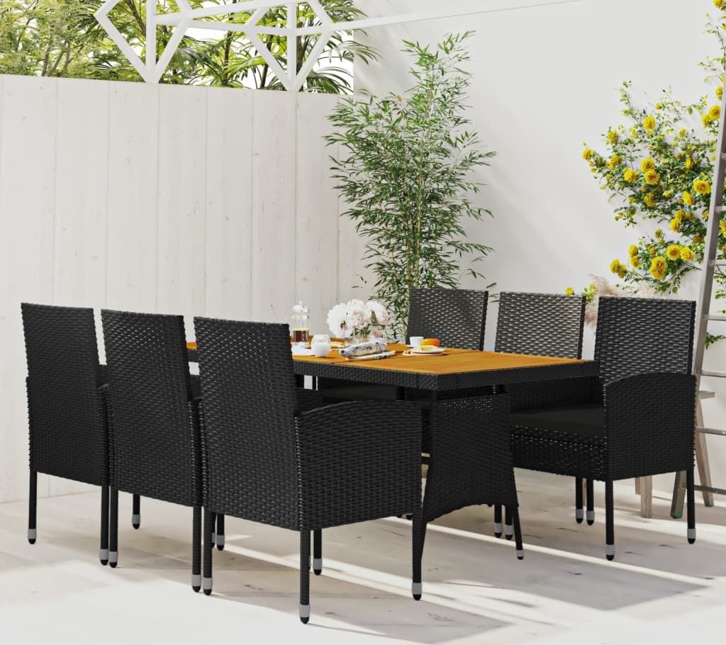 The Living Store 7-tlg. Garten-Essgruppe Poly Rattan Schwarz