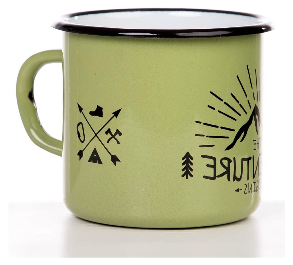 Emaille Tasse, The Adventure Begins, 330 ml, Camping Tasse, Camping Ausrüstung, Retro Design, grün