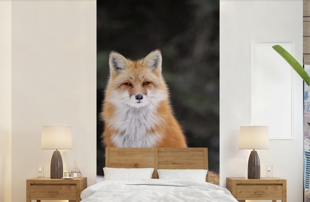 MuchoWow Fototapete für Wohnzimmer oder Schlafzimmer Wandtapete Vinyl Motivtapete Fuchs - Schnee - Rot - 120x240 cm - Hintergrundbild