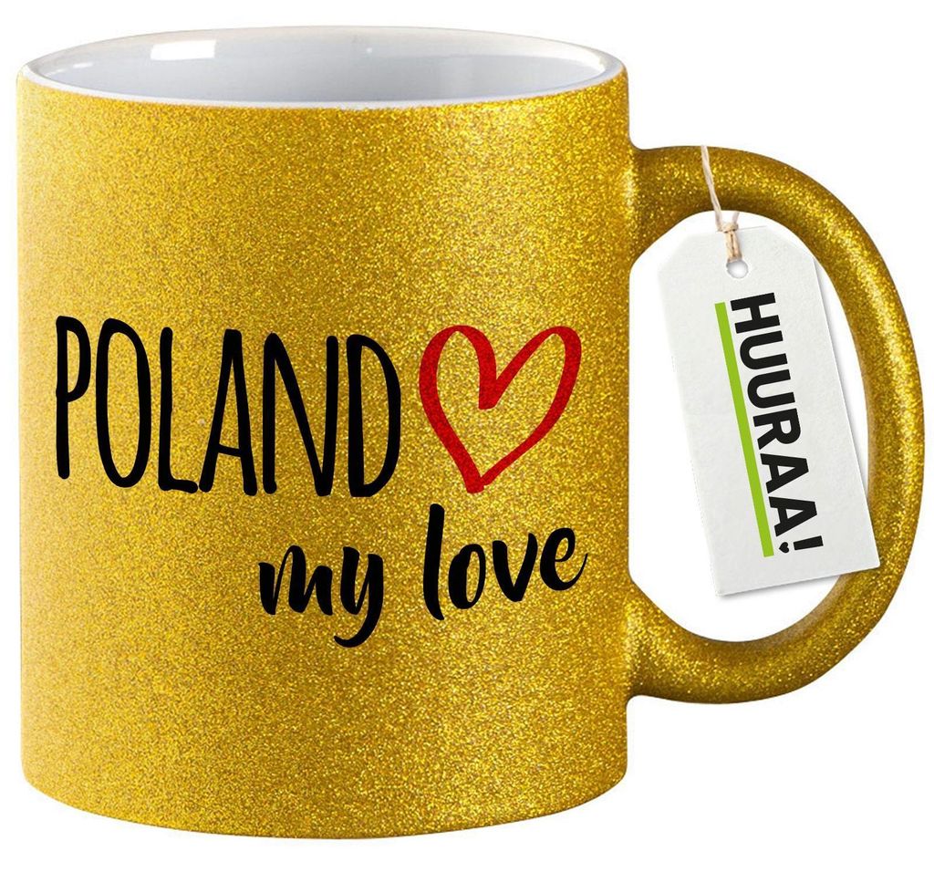 Huuraa Glitzertasse Poland my love 330ml Gold Keramik Kaffeebecher Geschenkidee