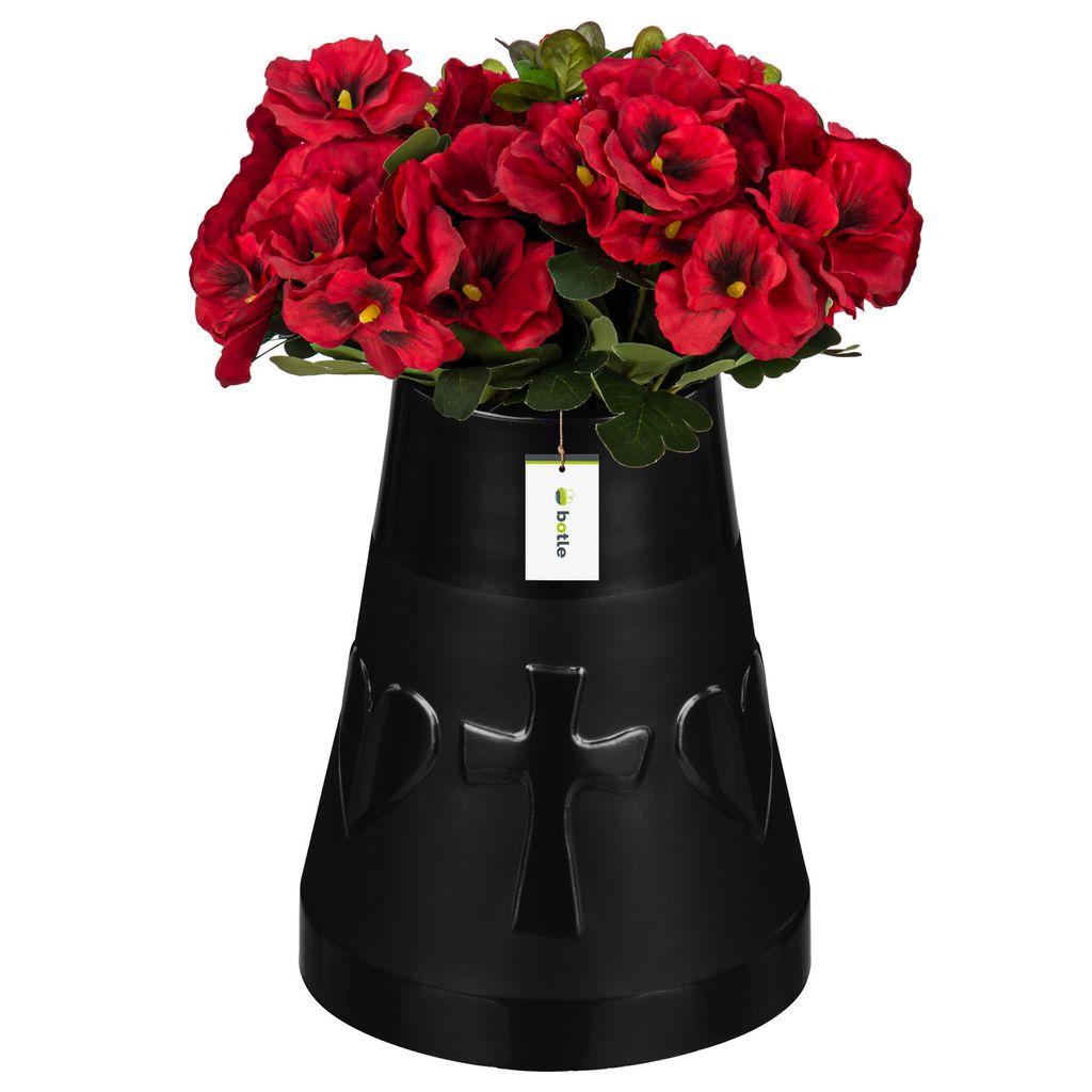 Friedhofsvase in Kegelform Grabstein Grabdekoration Grabsteckvase Blumenvase mit Herz- und Kreuzdekor H 25,5 cm Ø 11 cm Graphit Grabblumenkomposit...
