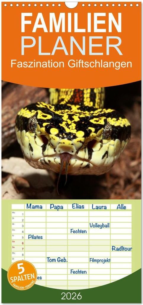 Familienplaner 2026 - Faszination Giftschlangen mit 5 Spalten (Wandkalender, 21 x 45 cm) CALVENDO