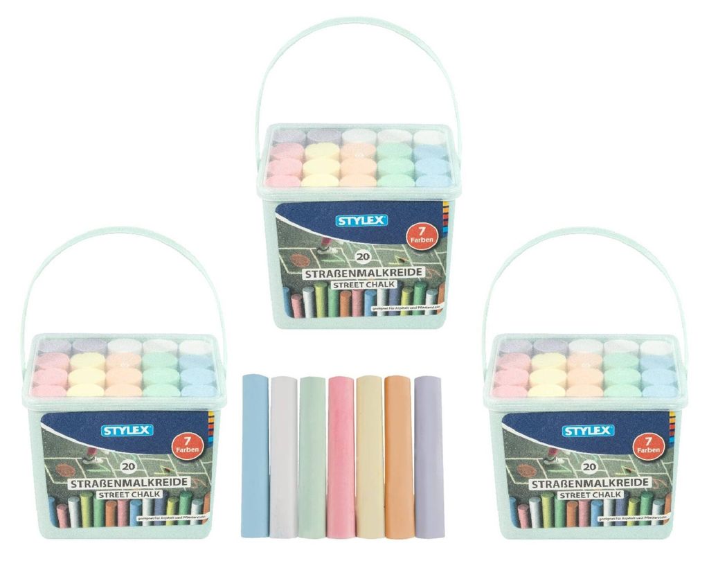 60 (3x 20) Stangen Straßenkreide / Straßenmalkreide / im praktischen Eimer
