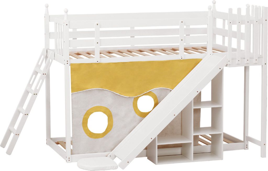 Etagenbett(weiß)Holzbett mit Treppe und Zäune, mit Bettvorhang, Rutsche und Regal, Kinderbett mit Fallschutz und Gitter, Rahmen aus Kiefer