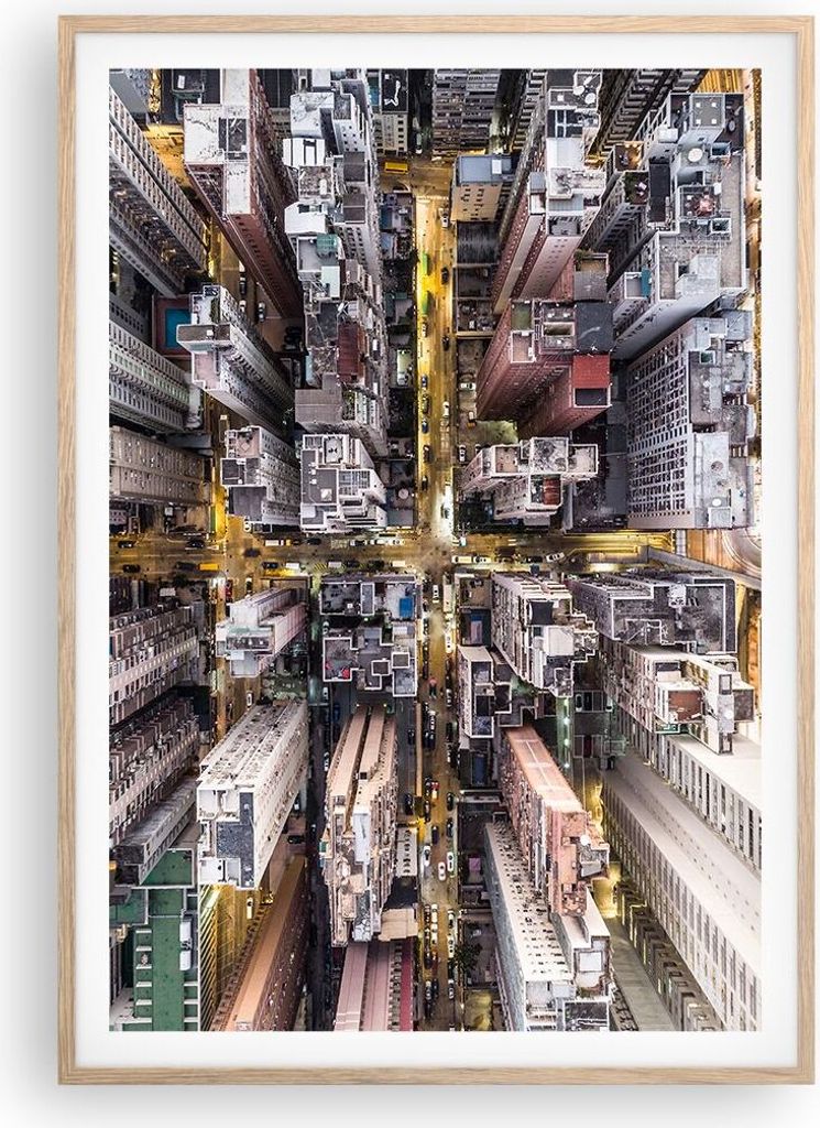 Gerahmtes Poster - Rahmen in heller Eiche - Metropole Luftaufnahmen Straße - 70x100 cm - Wand Bild - Wanddeko - Wandbilder - Kunstposter - Wandpos...