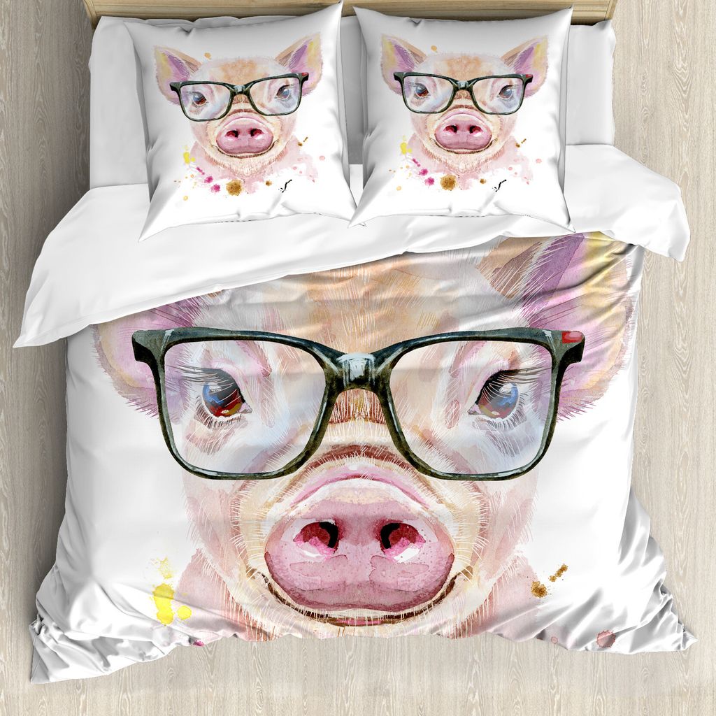 ABAKUHAUS Aquarell Bettbezug Set für Einzelbetten, Pig Portrait mit Spots, Milbensicher Allergiker geeignet mit Kissenbezug, 200 cm x 200 cm - 80 ...
