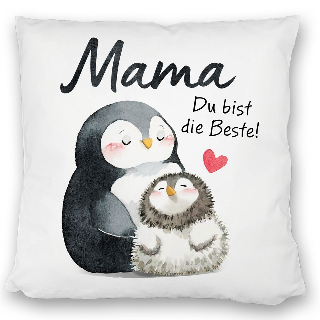 Pinguin Mutter und Kind Kissen satiniert mit Spruch Mama du bist die Beste