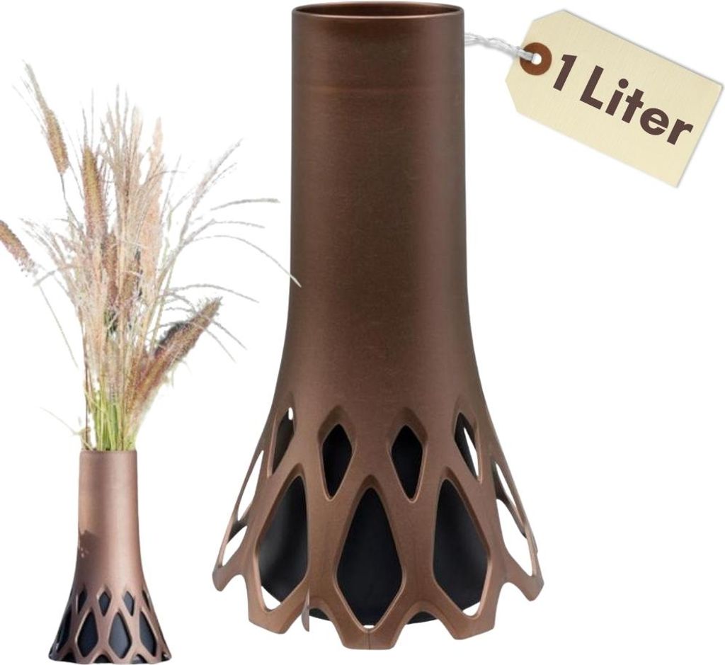 A collage showing a bronze vase with a decorative base, both with and without dried grass in it. A tag indicating '1 Liter' is attached to one vase.