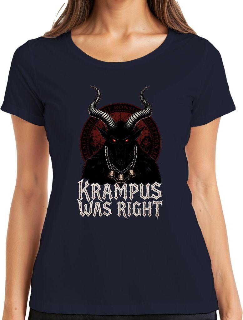 Krampus Was Right Dämon Hörner Glocken Weihnachten Gothic Horror Damen T-Shirt, Navy, M