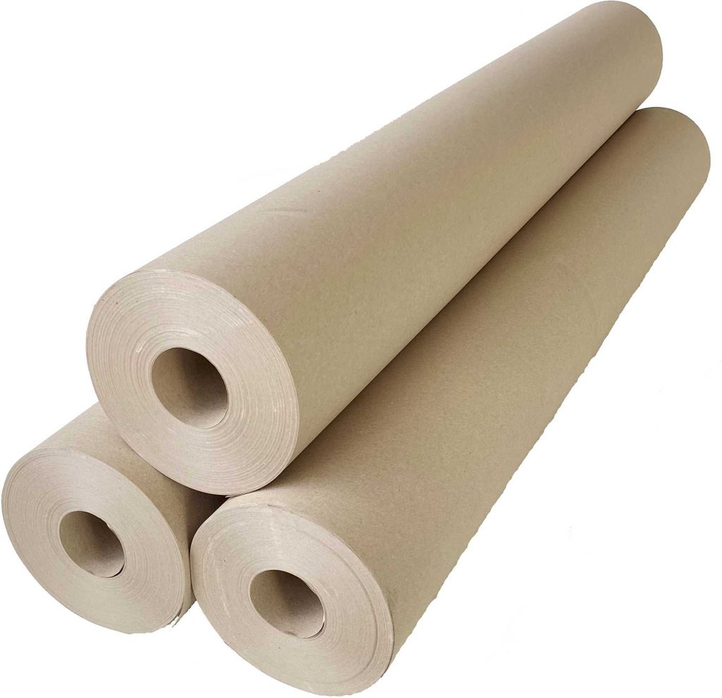 Three rolls of brown paper are stacked diagonally against a white background.