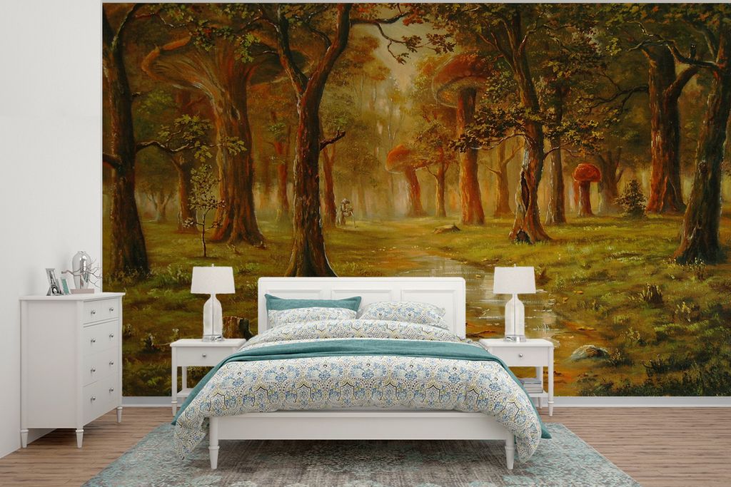 MuchoWow Fototapete für Wohnzimmer oder Schlafzimmer Wandtapete Vinyl Motivtapete Wald - Pilz - Straße - Märchen - 330x240 cm - Vinyltapete