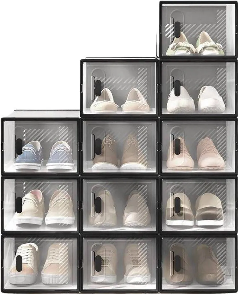 Lot de 12 boîtes à chaussures empilables noires avec porte frontale