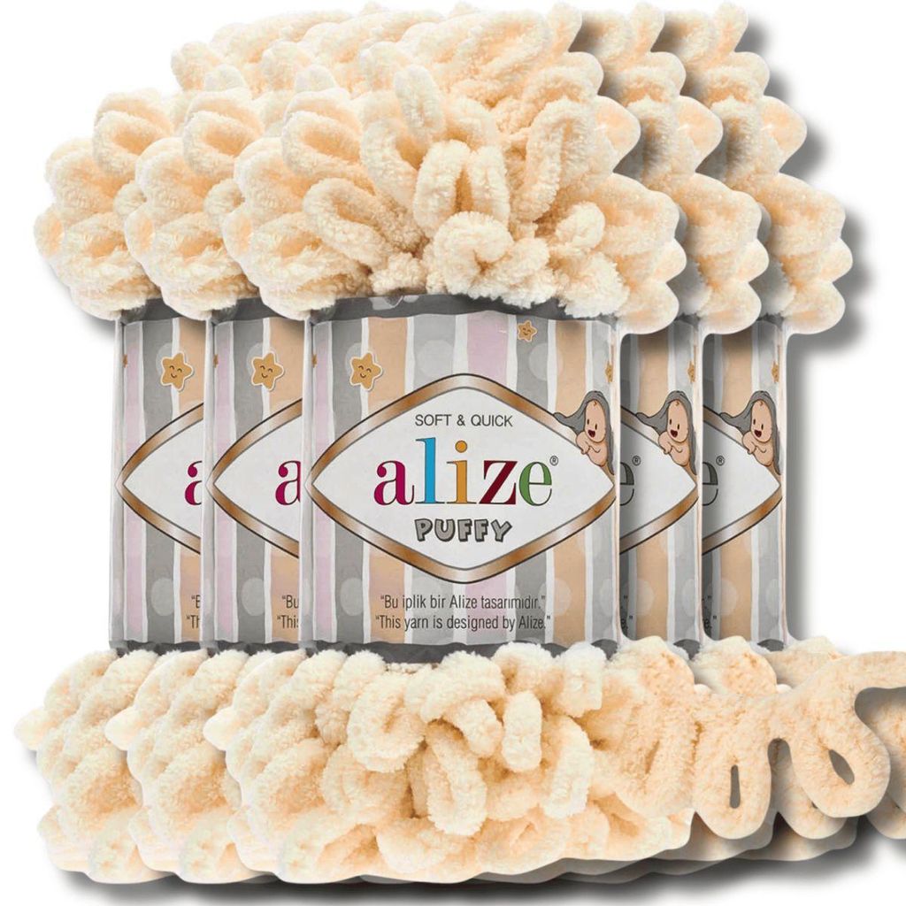 Alize 5x 100g Puffy Wolle, Uni, Häkeln, Stricken (Vanilla Cream - 742)