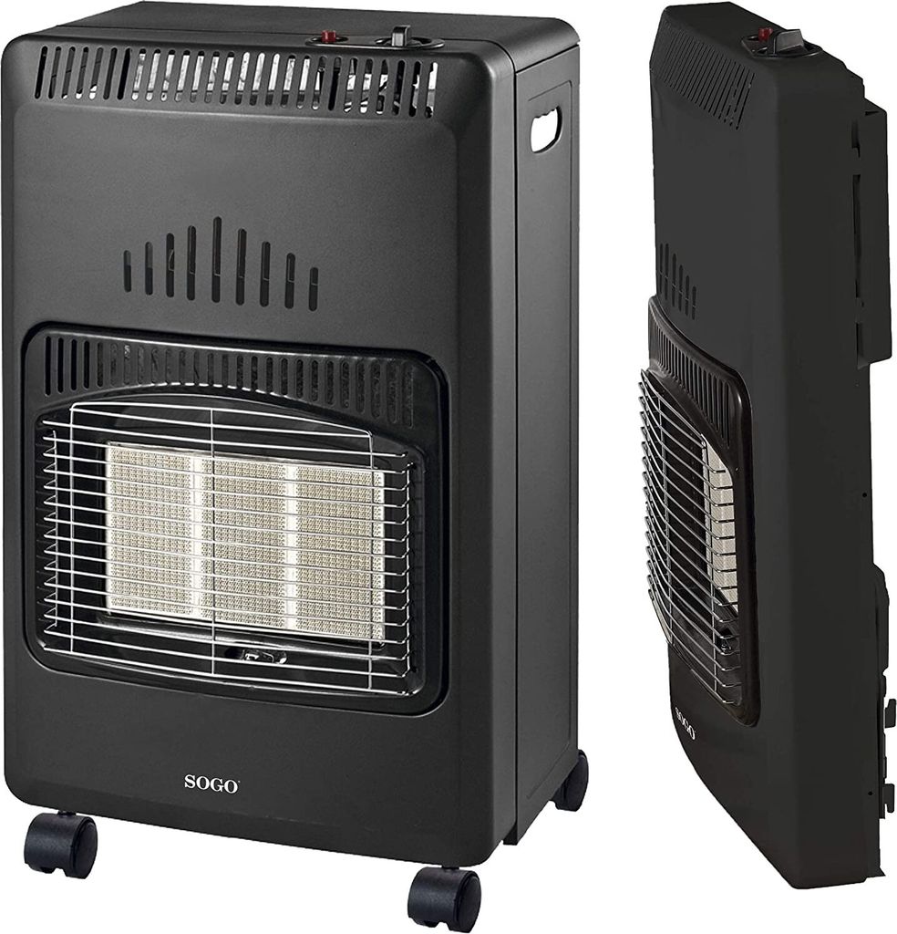 A black gas heater is shown from the front and side.