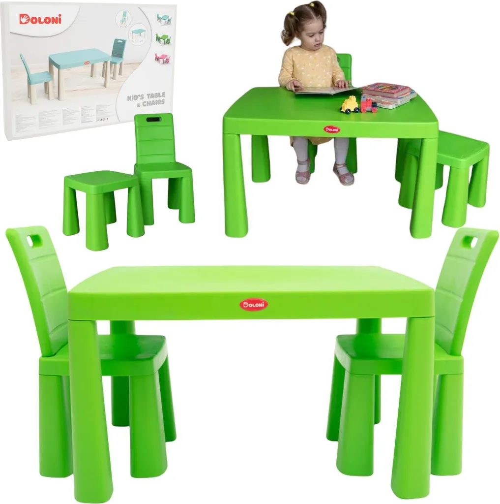 Doloni Ensemble de repas pour enfants Vert - Table et chaises robustes - 5