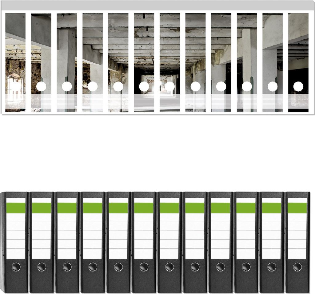 Wallario 12 Stück breite Ordner inkl. Klebeetiketten mit Motive Alte Industriehalle - einsame Lagerhalle einer Brauerei - Set mit Rückenschilder...