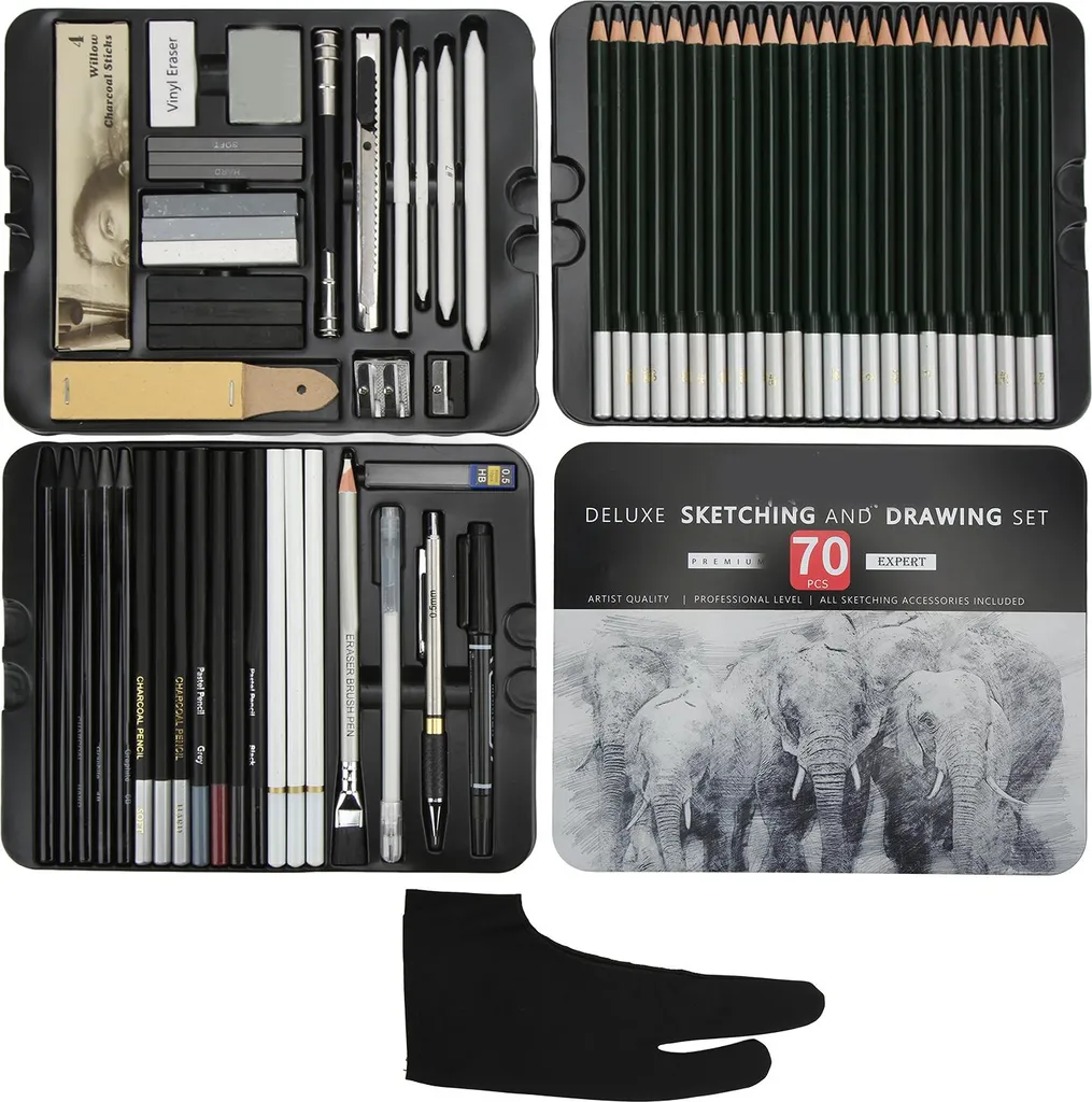 Set Matite Disegno Professionale 70 Pezzi Ecologico - Grafite e Carbone