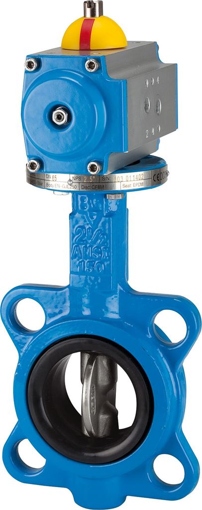 Riegler Zwischenflansch-Absperrklappe, pneu. Stellantrieb doppeltw. DN 65