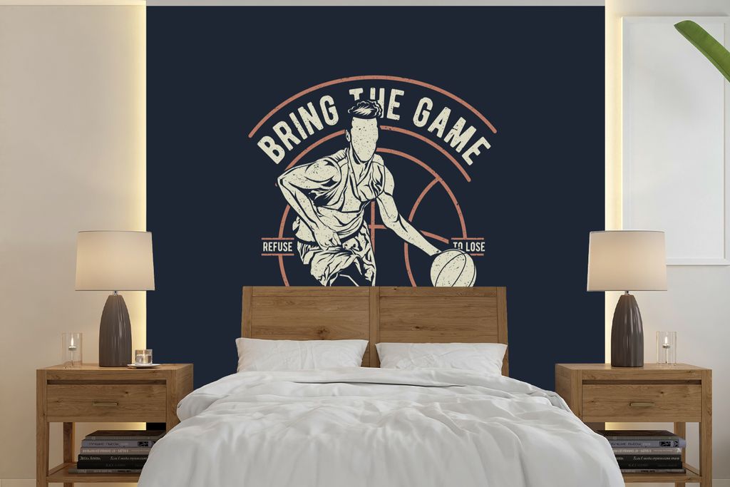MuchoWow Fototapete für Wohnzimmer oder Schlafzimmer Wandtapete Vinyl Motivtapete Basketball - Sport - Jahrgang - 220x220 cm - Tapeten
