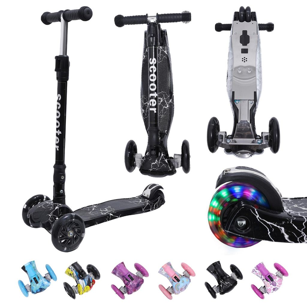 Habib Kinderroller Metall-Roller 3-Rad mit LED Licht | Klappbar & bis 50kg: Schwarz