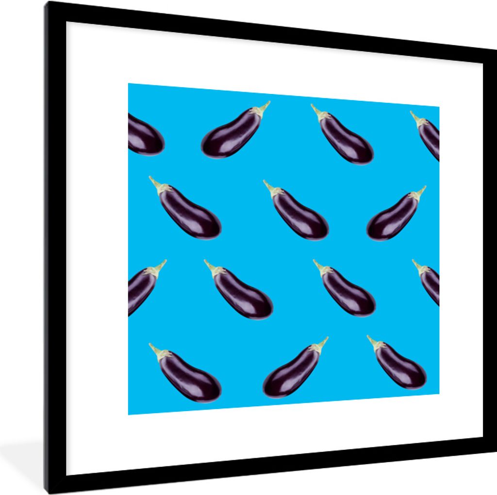 MuchoWow MuchoWow Gerahmtes Poster Gemüse - Aubergine - Muster - Blau 40x40 cm - Poster mit zchwarzem Bilderrahmen - Poster - Plakat im Rahmen