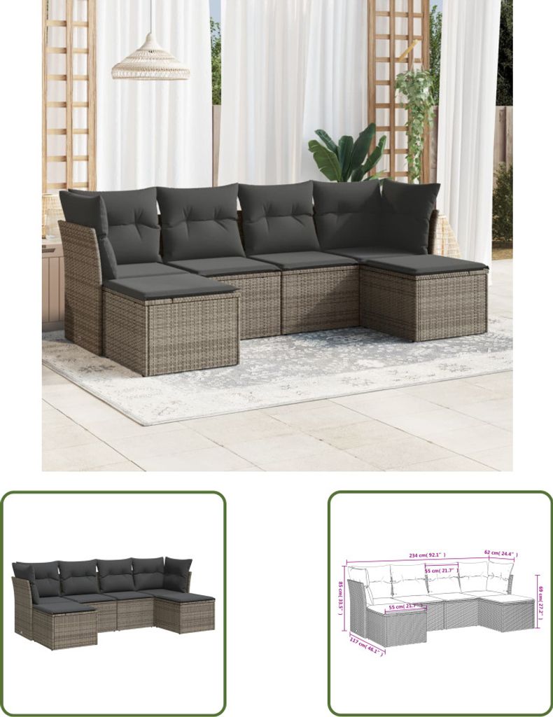 The Living Store 6-tlg. Garten-Sofagarnitur mit Kissen Grau Poly Rattan