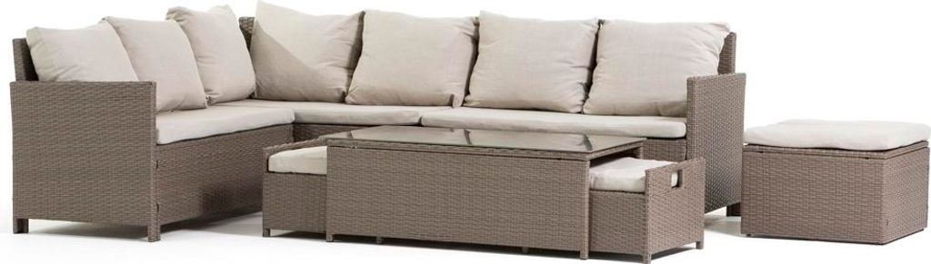 Eck-Gartenmöbel-Set aus Polyrattan mit modularer Eckcouch, Tisch mit gehärtetem Glas, 2 integrierten Sitzhockern und großem Pouf – modernes, f...