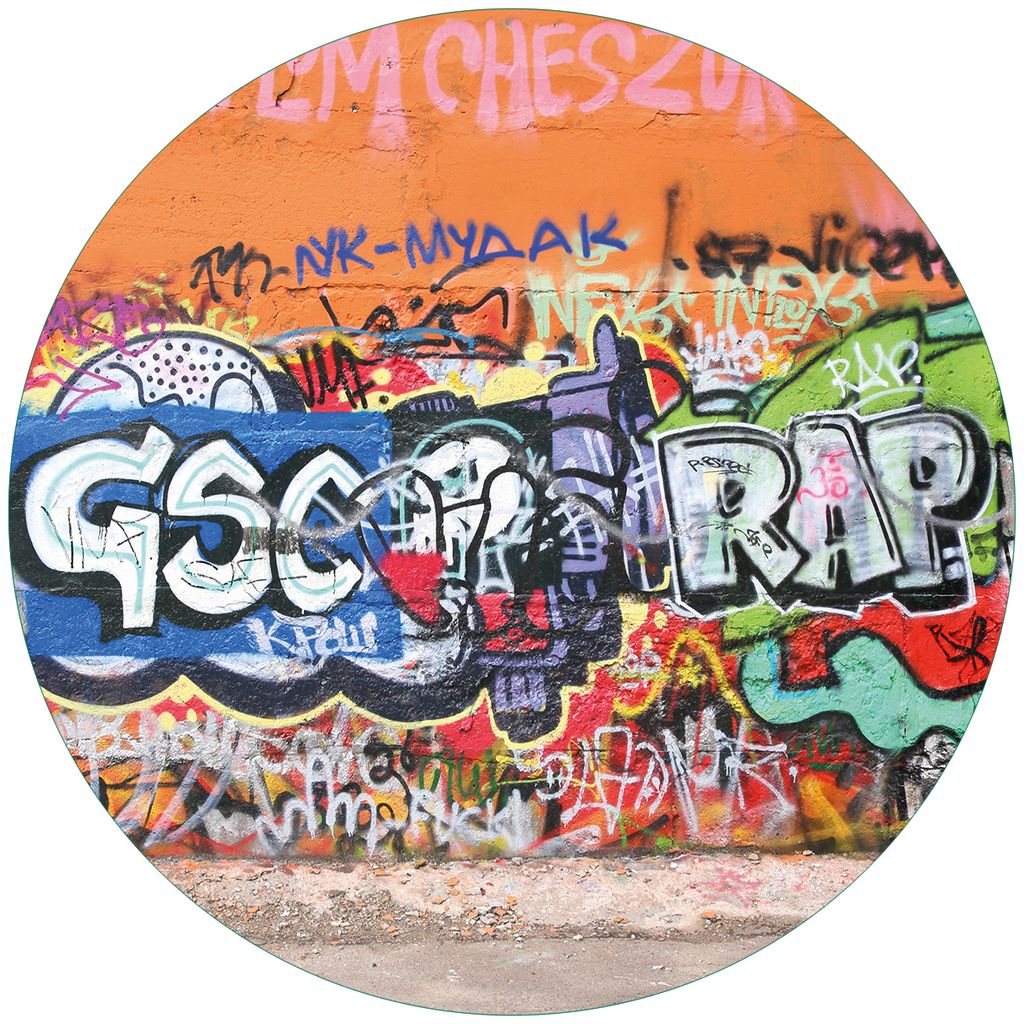 Wallario Premium Glasbild, freischwebende Optik, kräftige Farben, rund 50cm Durchmesser, Motiv RAP-Graffiti- Wand mit verschiedenen Tags