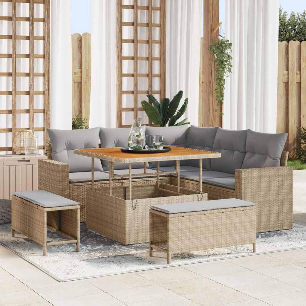 Best Möbel Gartenlounge Set 8-teiliges Garten-Sofa-Set mit Kissen Beige Poly Rattan Akazie - Terassenmöbel Gartenmöbel CHY8546232
