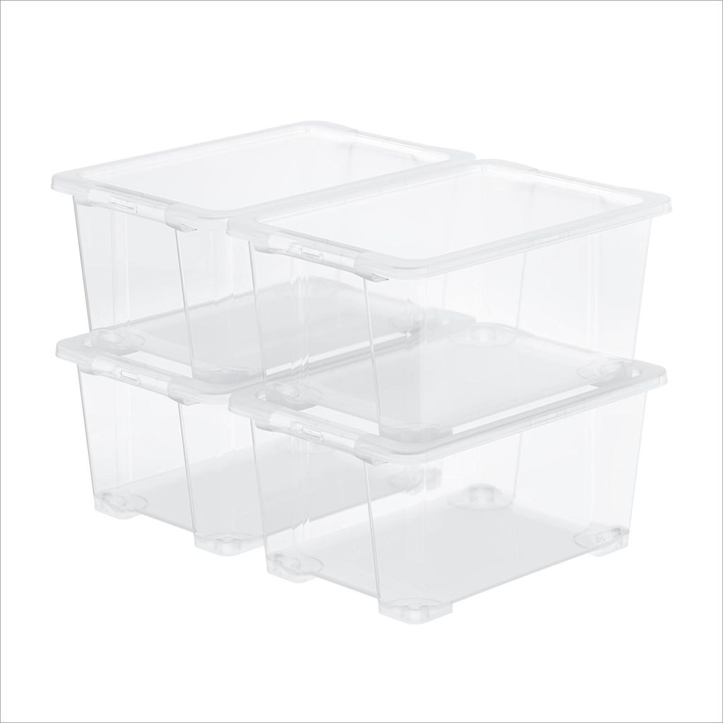Rotho CORE BASIC 4er-Set Aufbewahrungsboxen 44 l – 58,3 × 39,2 × 27,7 cm – transparente Kunststoffboxen mit Deckel, stapelbar, Lagerboxen fü...