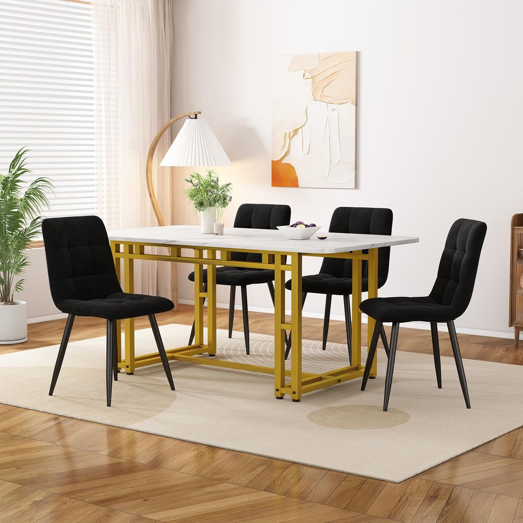 Fortuna Lai 120x70cm Golden Esstisch mit 4 Stühlen Set,Moderne Küche Esstisch Set, Schwarz Samt Esszimmerstühle, Golden Eisen Beintisch