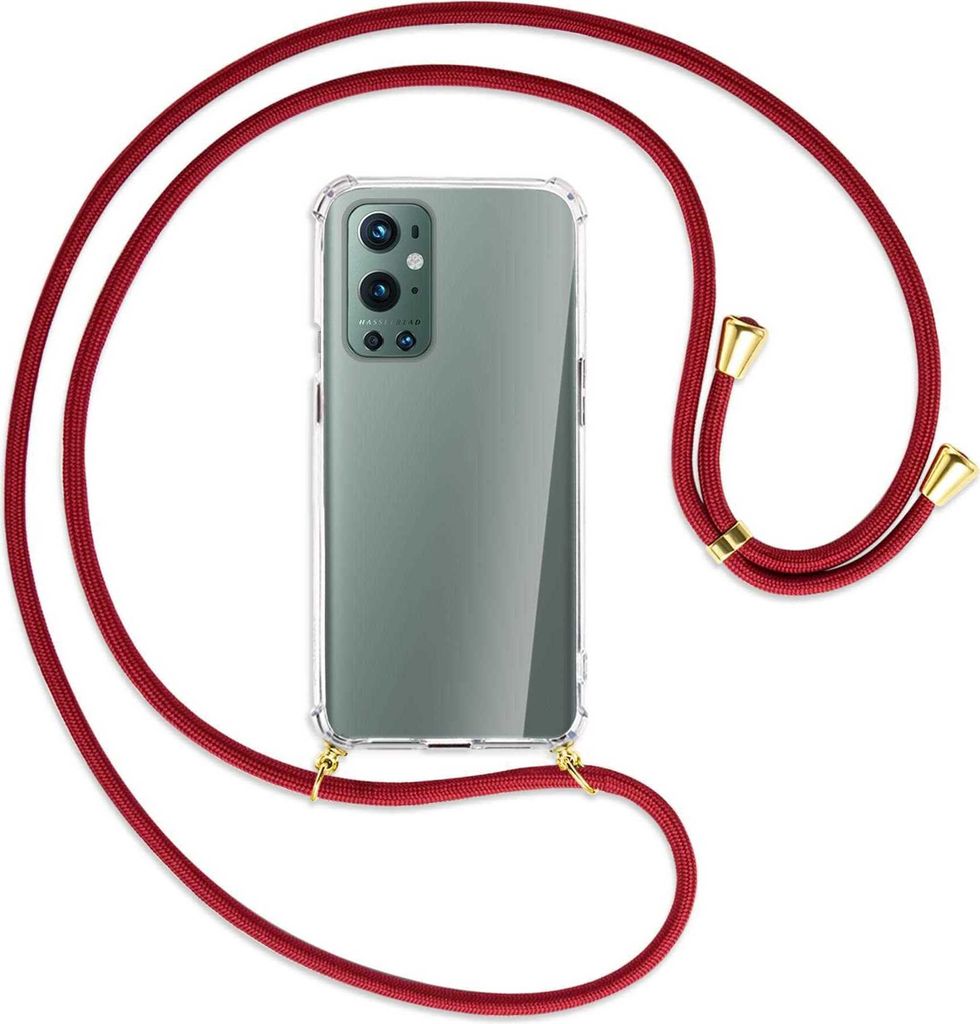 Handykette Backcover-Schutzhülle mit Band (Metall goldfarben) für OnePlus 9 Pro - dunkelrot
